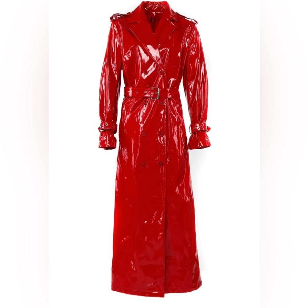 Latex Trench Coat. This item features an A-line shape and is belted.
